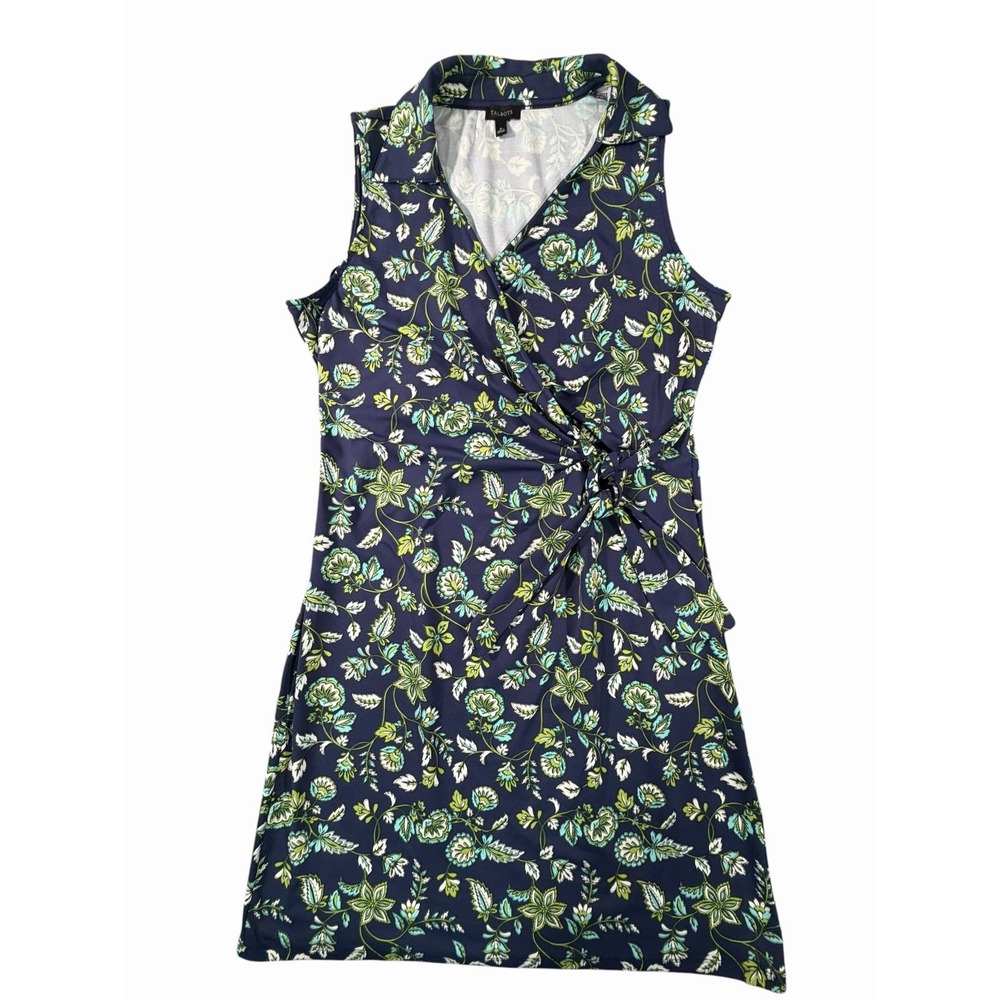 Talbots Womens M Navy Floral Faux Wrap Tie Waist Sleeveless Stretch Dress